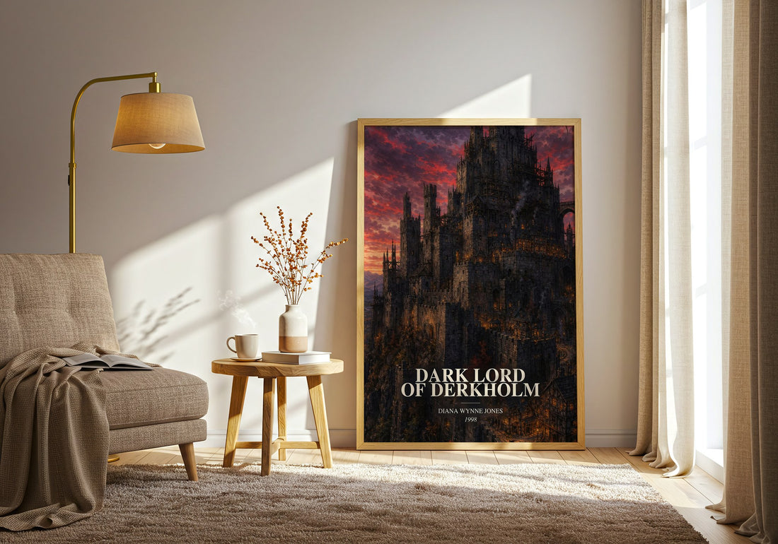 Dark Lord of Derkholm watercolour print in frame leaning in hallway – fantasy wall art (mockup)