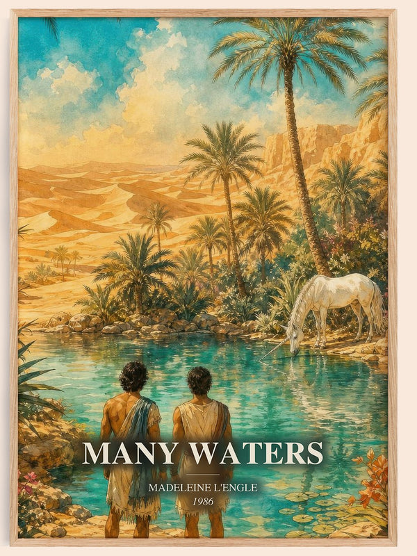 Many Waters watercolour book poster by Madeleine L'Engle – framed literary art print
