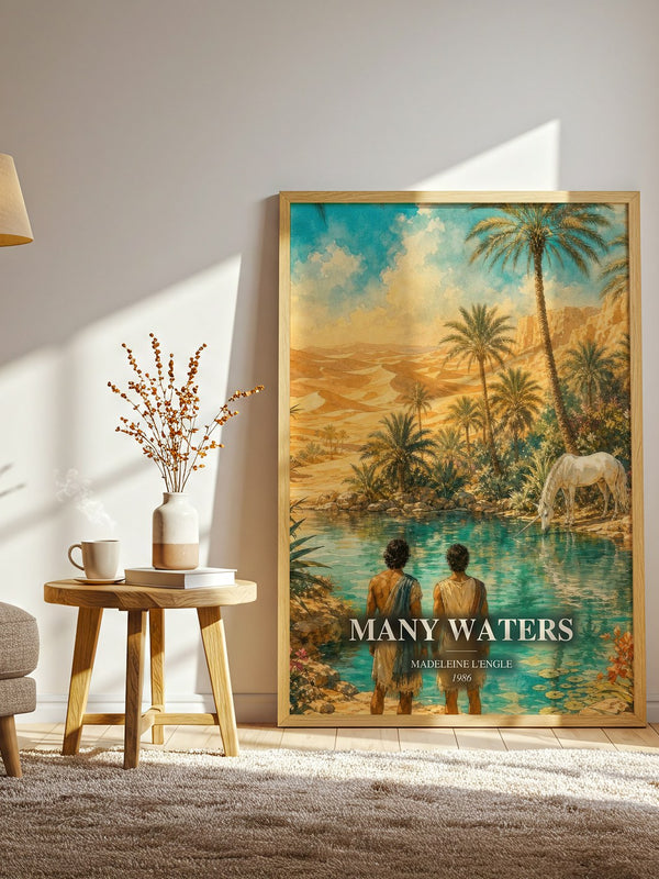 Many Waters watercolour print in frame leaning in hallway – fantasy wall art