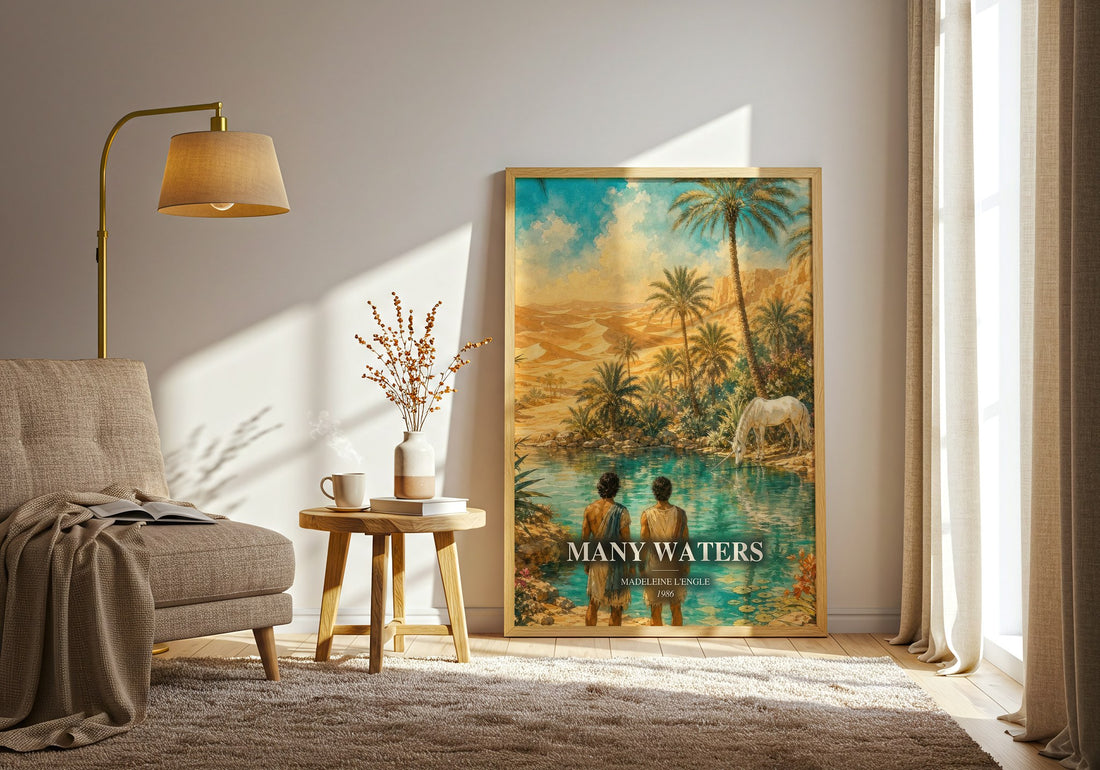 Many Waters watercolour print in frame leaning in hallway – fantasy wall art (mockup)