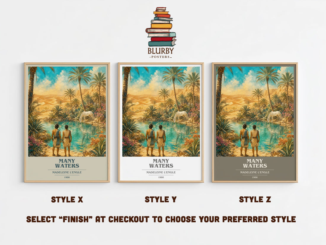 Many Waters book cover print in frame leaning in hallway – fantasy wall art (mockup)