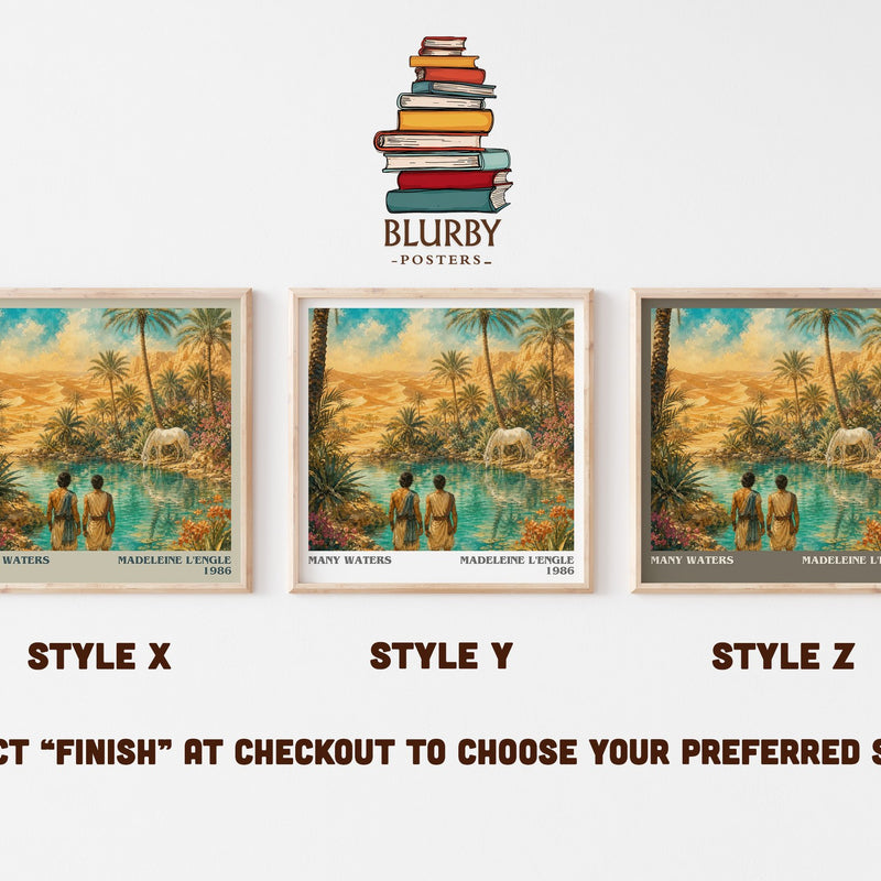 Many Waters literary print in frame leaning in hallway – fantasy wall art