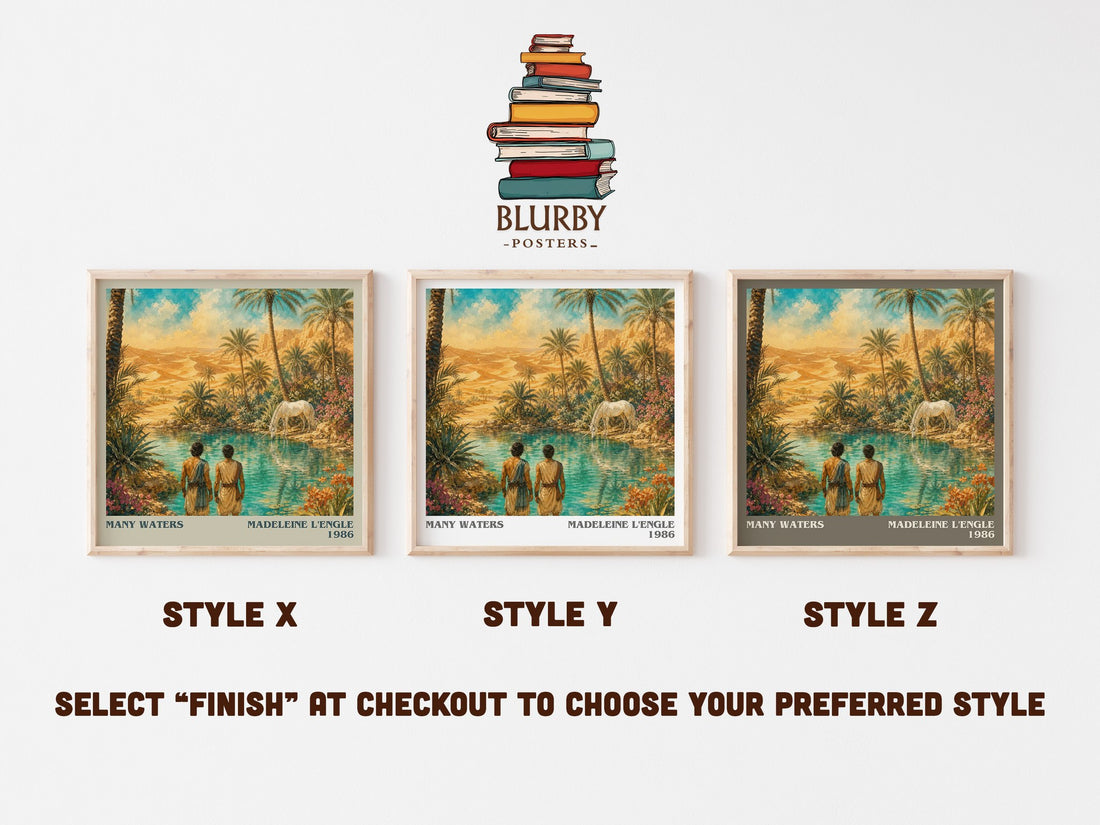 Many Waters literary print in frame leaning in hallway – fantasy wall art (mockup)