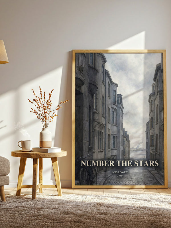 Number the Stars watercolour print in frame leaning in hallway – childrens wall art