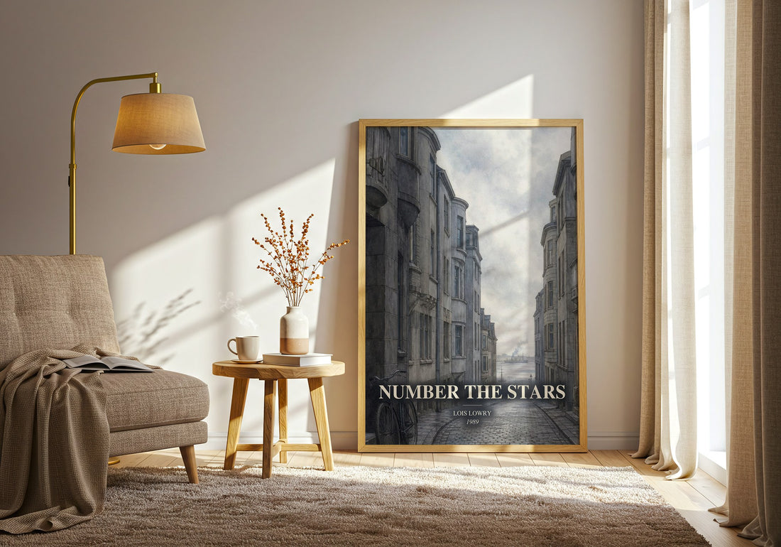 Number the Stars watercolour print in frame leaning in hallway – childrens wall art (mockup)