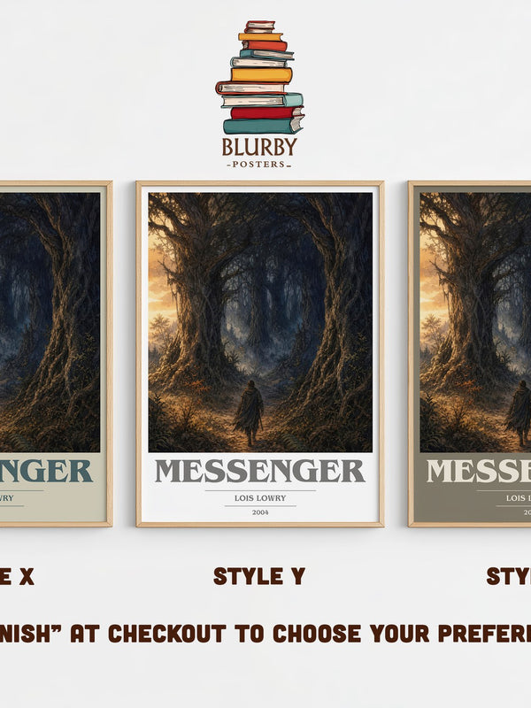 Messenger book cover print in frame leaning in hallway – dystopian wall art