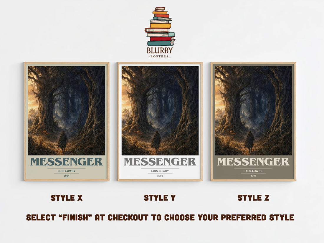 Messenger book cover print in frame leaning in hallway – dystopian wall art (mockup)