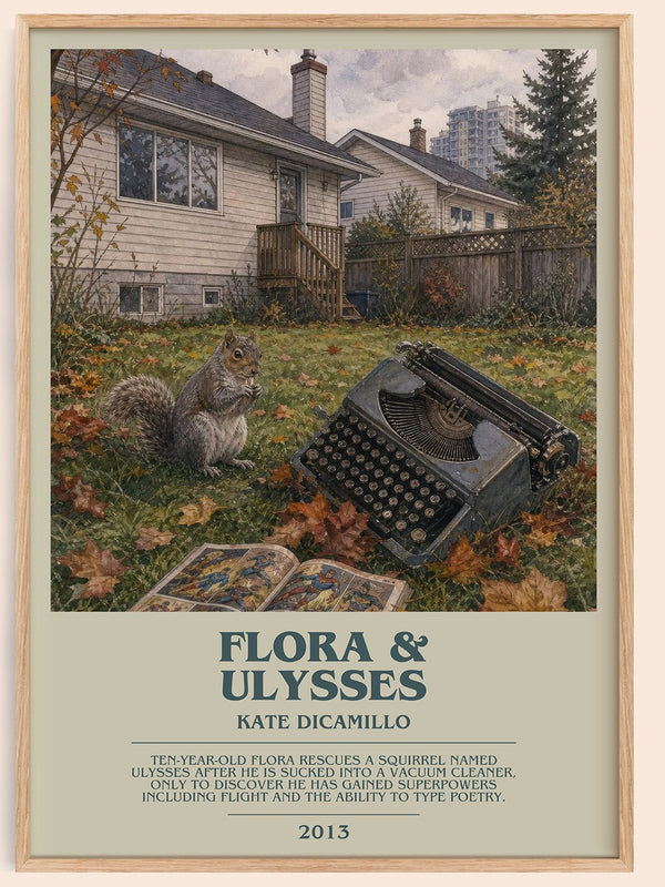 Flora & Ulysses bookish book poster by Kate DiCamillo – framed literary art print