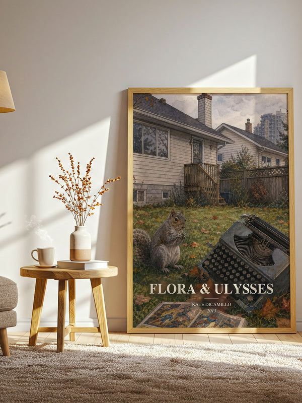 Flora & Ulysses watercolour print in frame leaning in hallway – childrens wall art