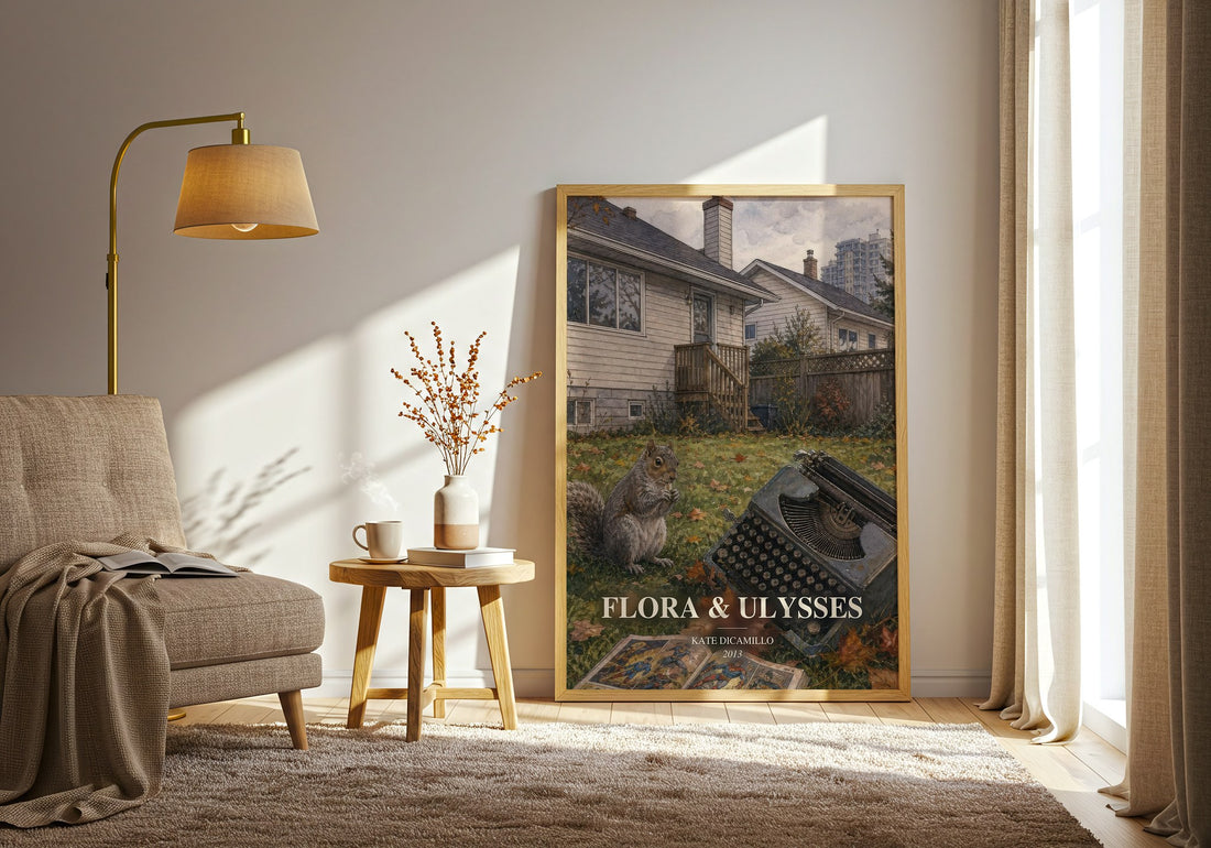 Flora & Ulysses watercolour print in frame leaning in hallway – childrens wall art (mockup)