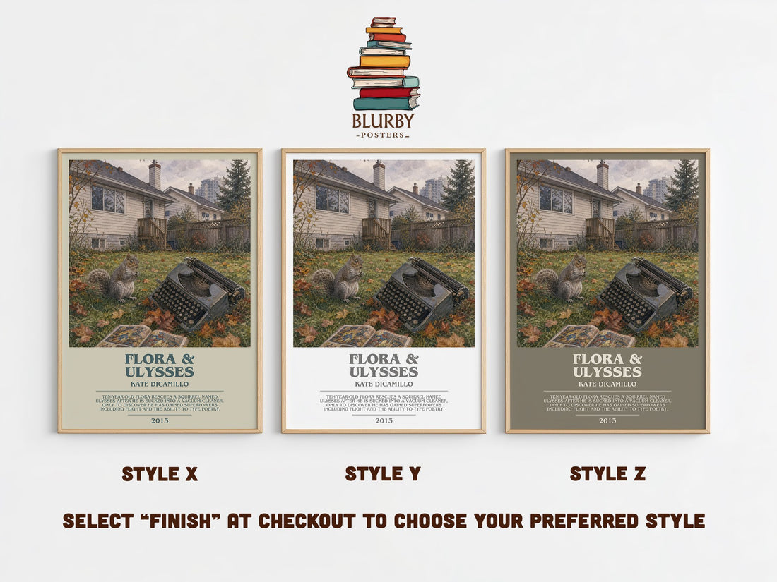 Flora & Ulysses bookish print in frame leaning in hallway – childrens wall art (mockup)