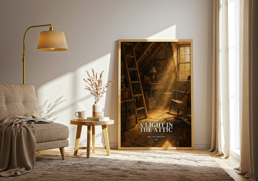 A Light in the Attic watercolour print in frame leaning in hallway – poetry wall art (mockup)