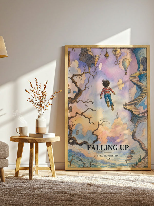 Falling Up watercolour print in frame leaning in hallway – poetry wall art