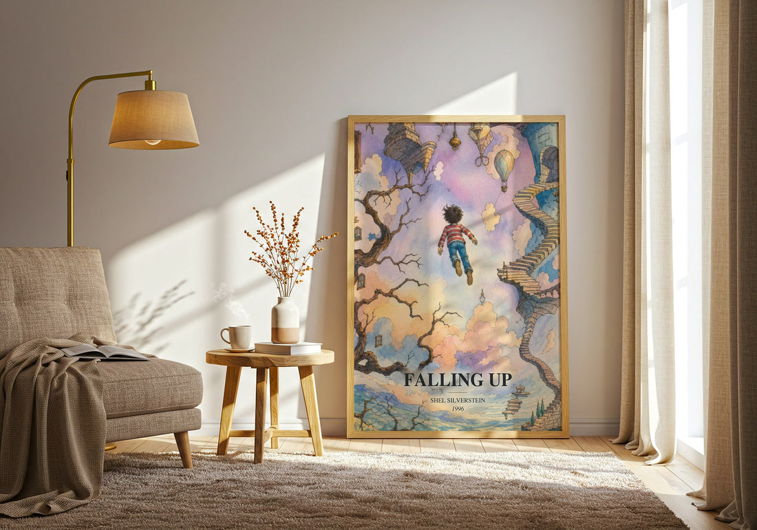 Falling Up watercolour print in frame leaning in hallway – poetry wall art (mockup)