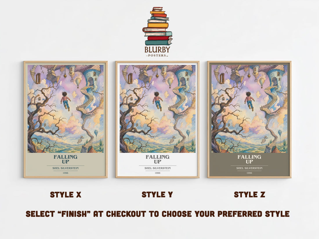 Falling Up book cover print in frame leaning in hallway – poetry wall art (mockup)