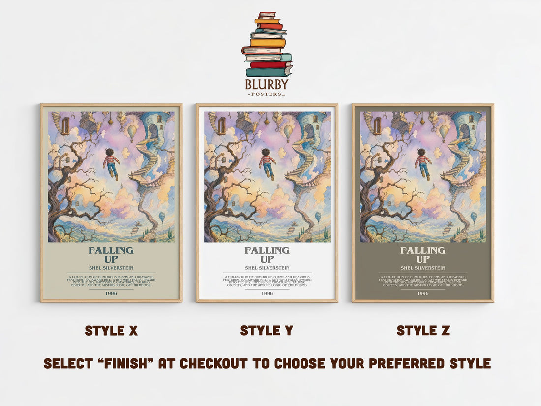 Falling Up bookish print in frame leaning in hallway – poetry wall art (mockup)