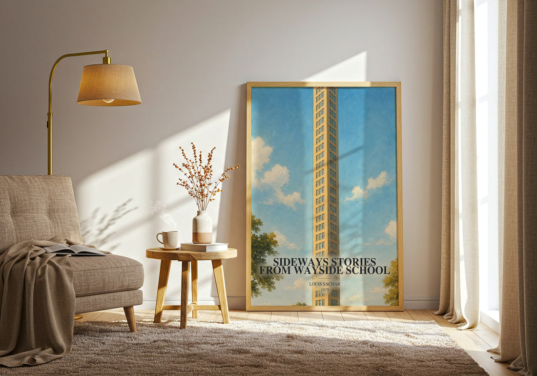 Sideways Stories from Wayside School watercolour print in frame leaning in hallway – childrens wall art (mockup)