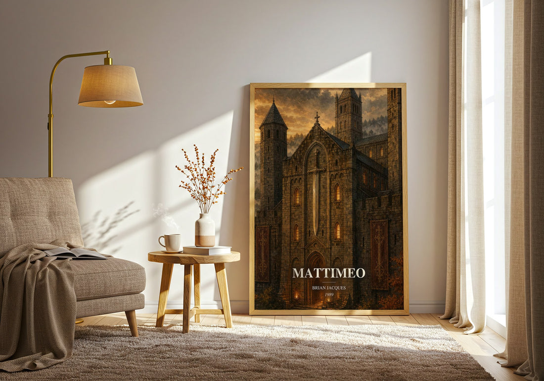 Mattimeo watercolour print in frame leaning in hallway – childrens wall art (mockup)