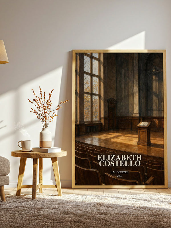 Elizabeth Costello watercolour print in frame leaning in hallway – literary fiction wall art
