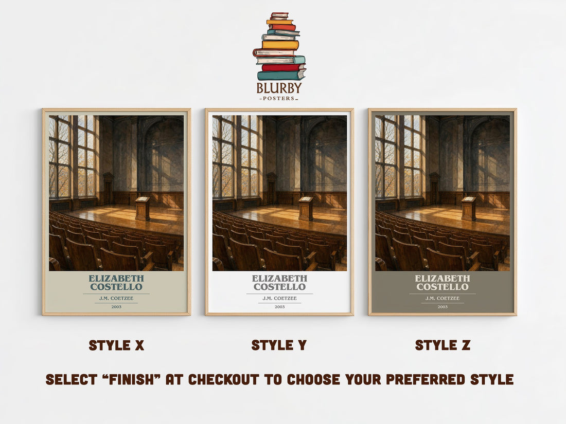 Elizabeth Costello book cover print in frame leaning in hallway – literary fiction wall art (mockup)