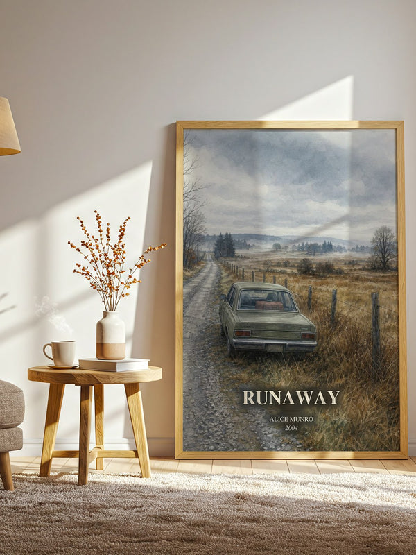 Runaway watercolour print in frame leaning in hallway – literary fiction wall art