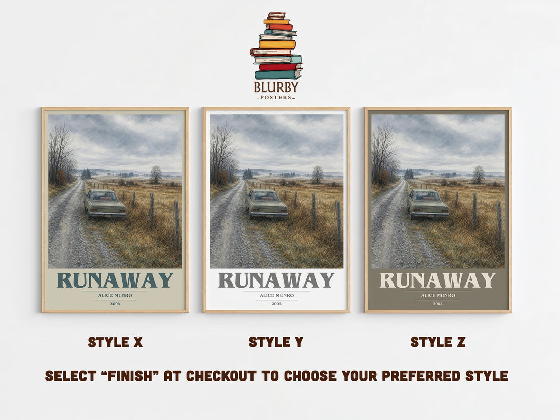 Runaway book cover print in frame leaning in hallway – literary fiction wall art (mockup)