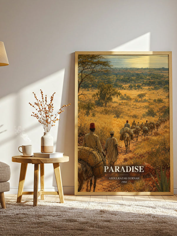 Paradise watercolour print in frame leaning in hallway – literary fiction wall art