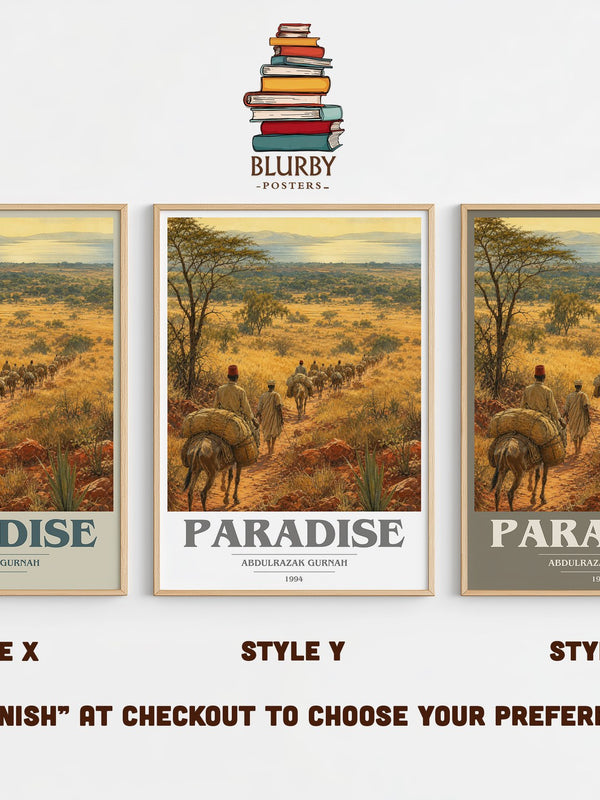 Paradise book cover print in frame leaning in hallway – literary fiction wall art