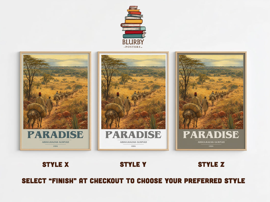 Paradise book cover print in frame leaning in hallway – literary fiction wall art (mockup)