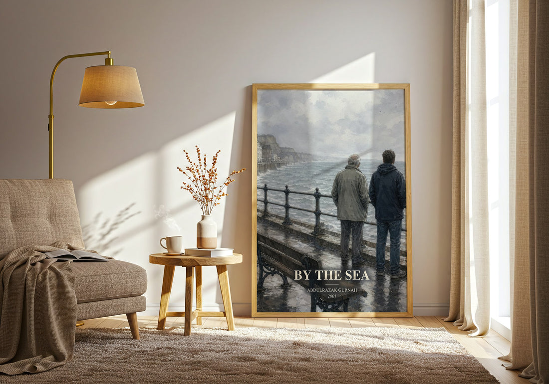 By the Sea watercolour print in frame leaning in hallway – literary fiction wall art (mockup)