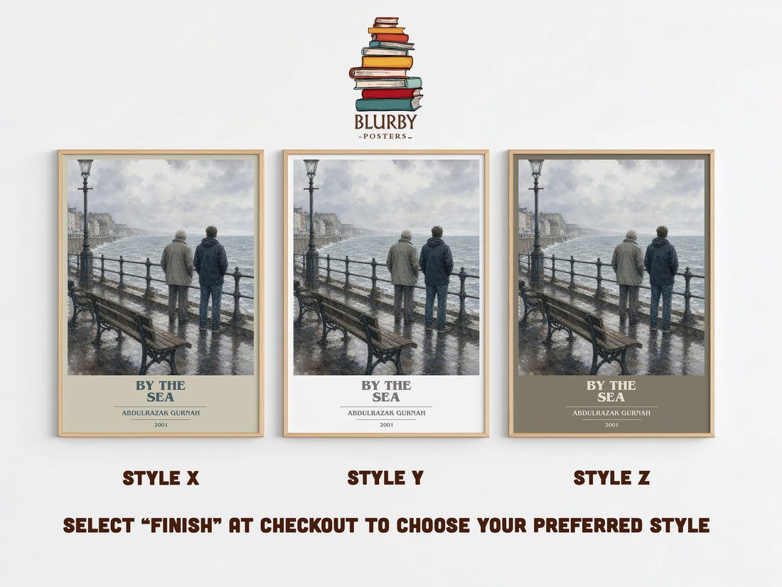 By the Sea book cover print in frame leaning in hallway – literary fiction wall art (mockup)