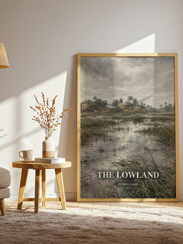 The Lowland watercolour print in frame leaning in hallway – literary fiction wall art