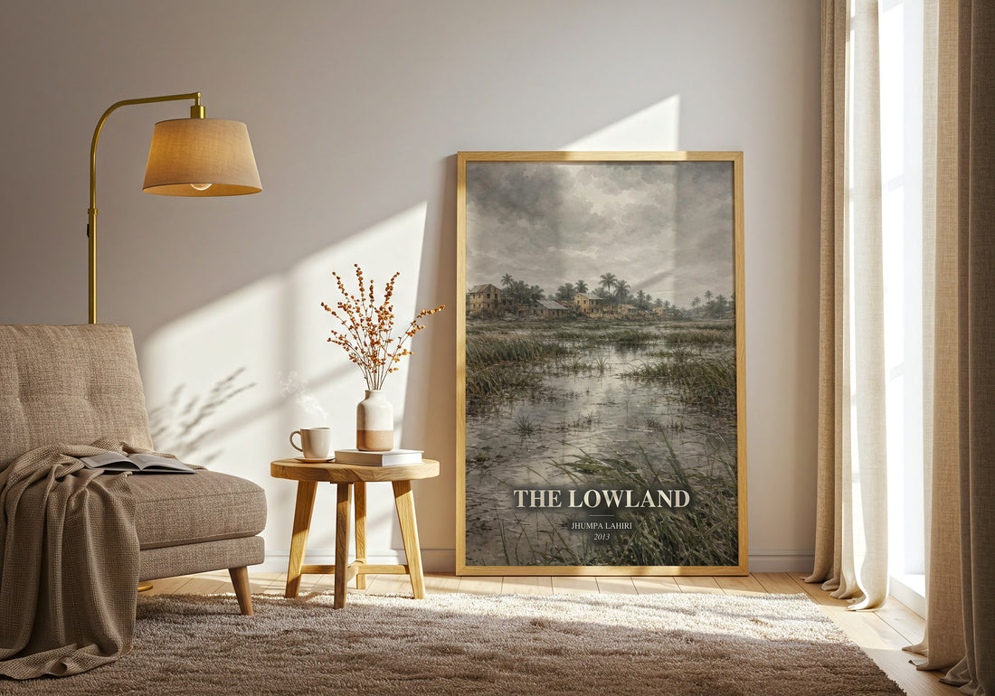The Lowland watercolour print in frame leaning in hallway – literary fiction wall art (mockup)