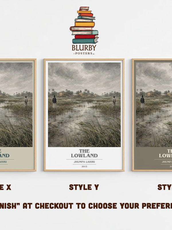 The Lowland book cover print in frame leaning in hallway – literary fiction wall art