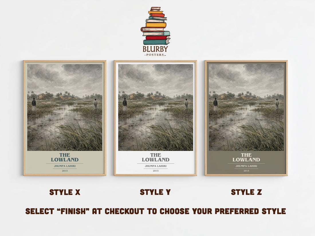 The Lowland book cover print in frame leaning in hallway – literary fiction wall art (mockup)