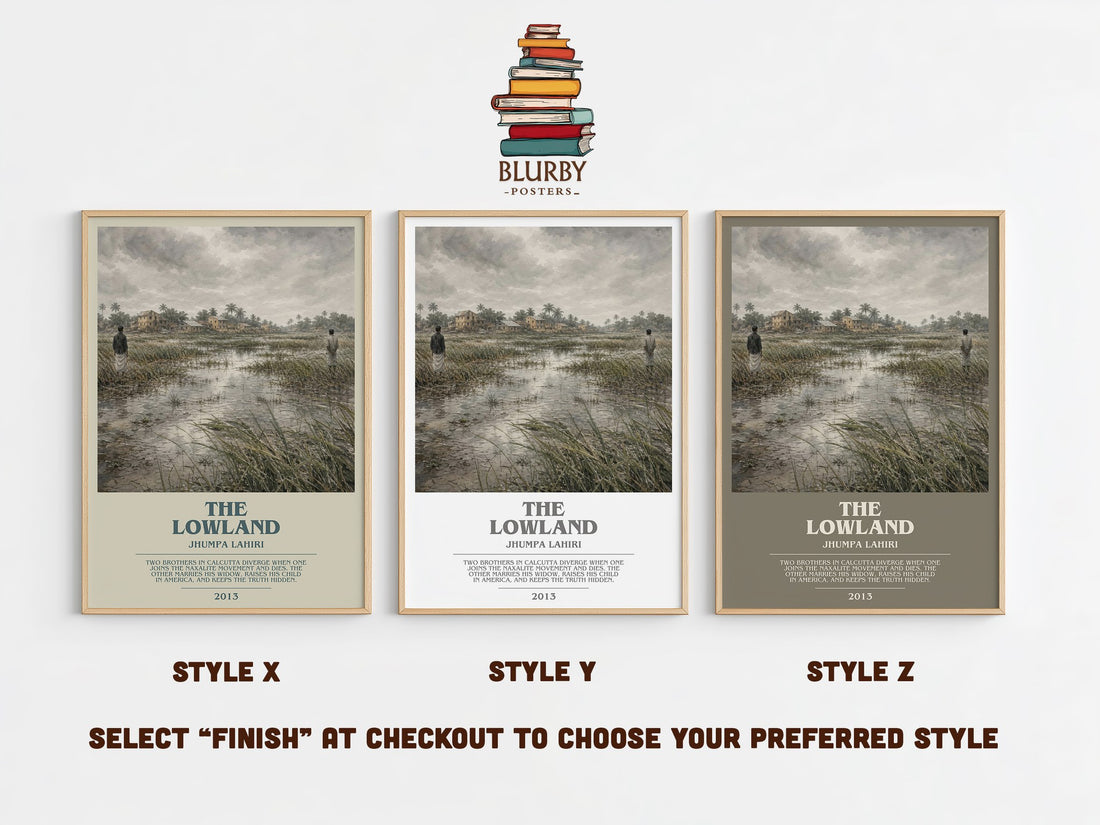 The Lowland bookish print in frame leaning in hallway – literary fiction wall art (mockup)