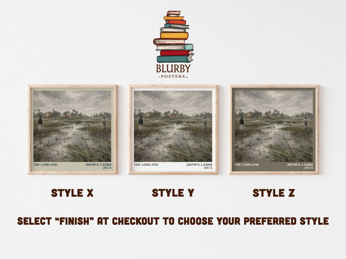 The Lowland literary print in frame leaning in hallway – literary fiction wall art (mockup)