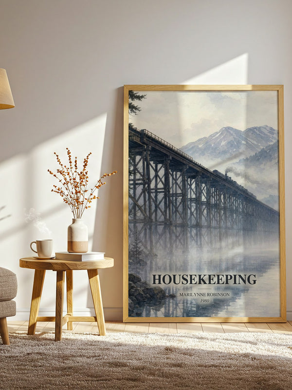 Housekeeping watercolour print in frame leaning in hallway – literary fiction wall art