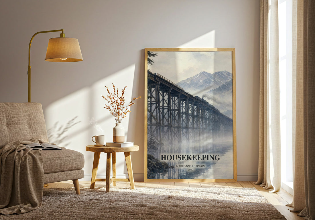 Housekeeping watercolour print in frame leaning in hallway – literary fiction wall art (mockup)