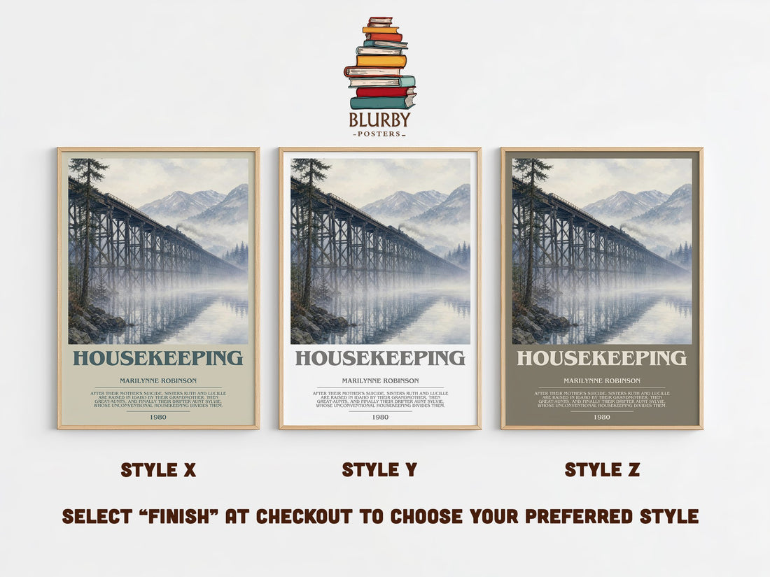 Housekeeping bookish print in frame leaning in hallway – literary fiction wall art (mockup)