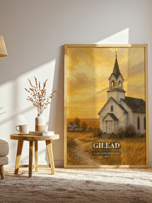 Gilead watercolour print in frame leaning in hallway – literary fiction wall art
