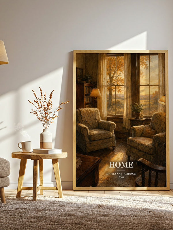 Home watercolour print in frame leaning in hallway – literary fiction wall art