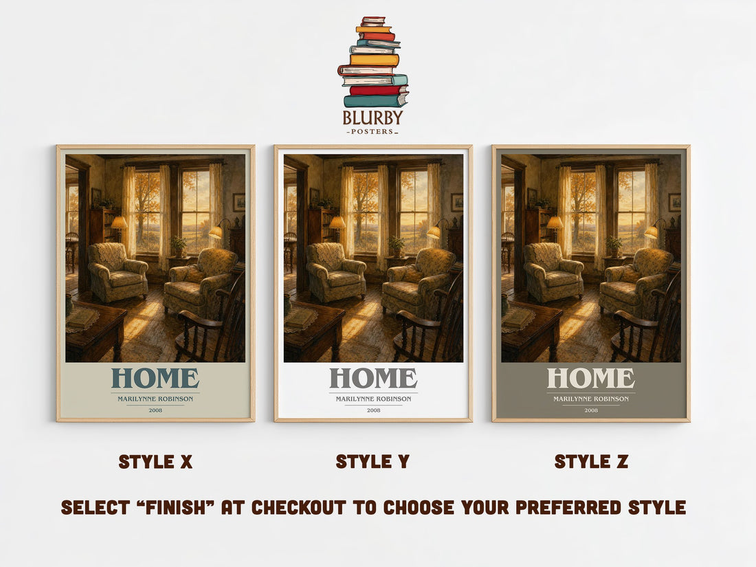 Home book cover print in frame leaning in hallway – literary fiction wall art (mockup)