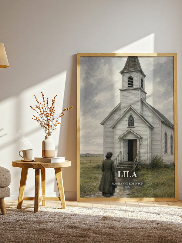 Lila watercolour print in frame leaning in hallway – literary fiction wall art