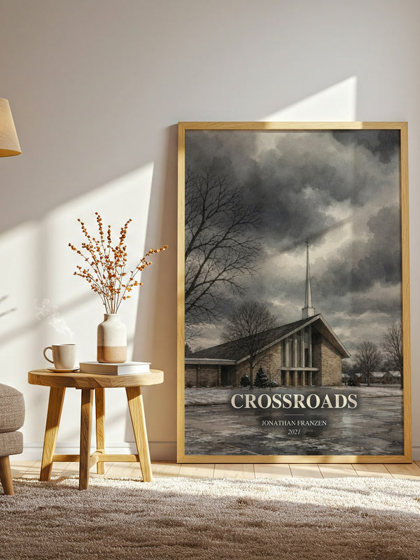Crossroads watercolour print in frame leaning in hallway – literary fiction wall art