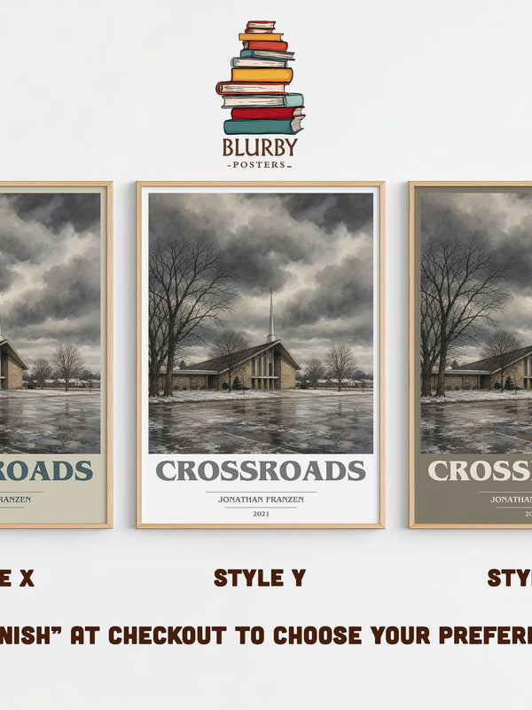 Crossroads book cover print in frame leaning in hallway – literary fiction wall art