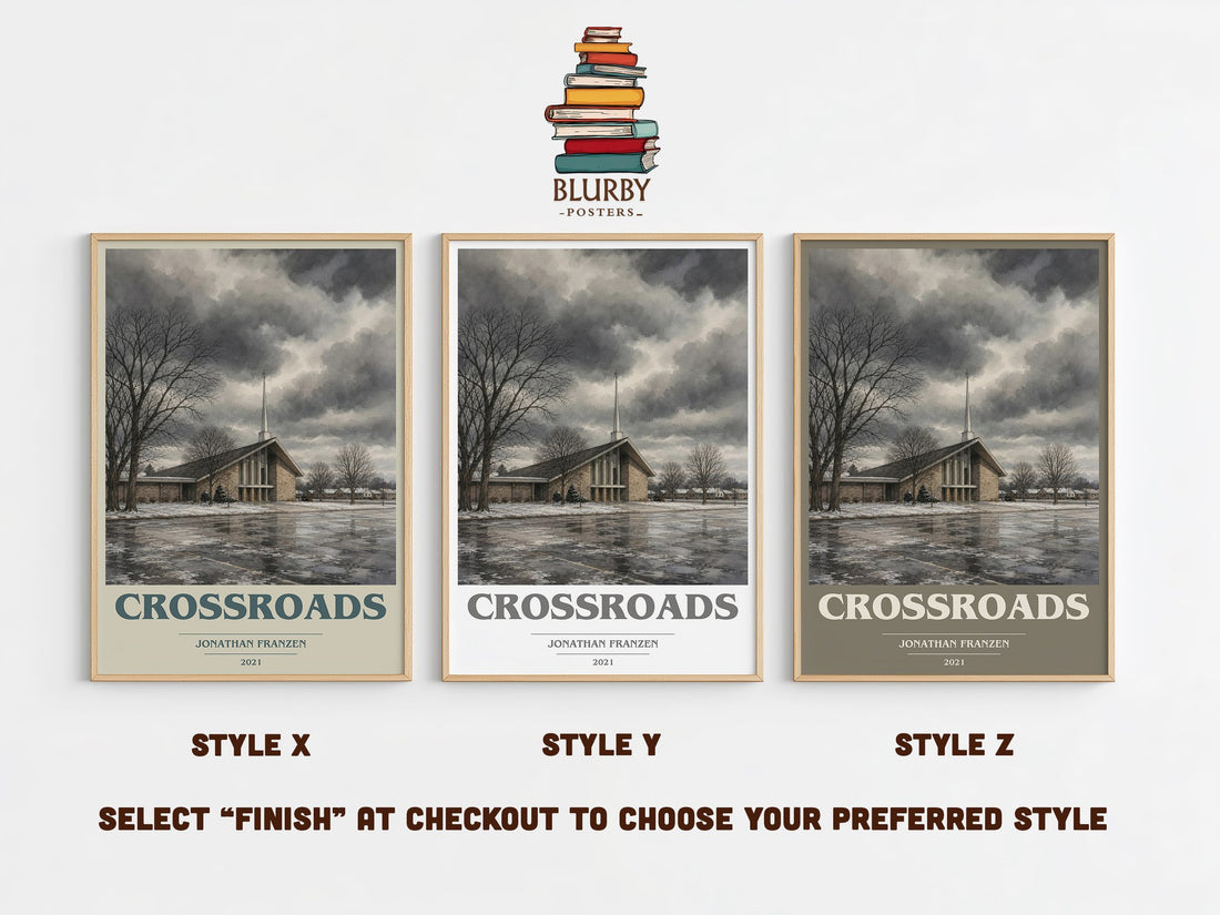 Crossroads book cover print in frame leaning in hallway – literary fiction wall art (mockup)