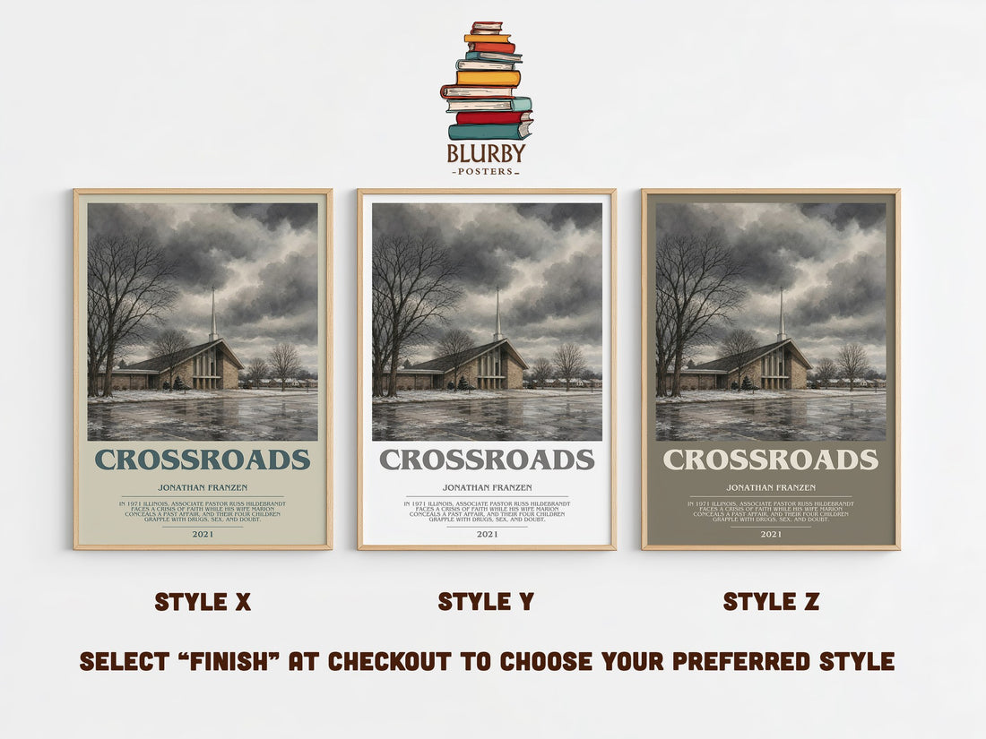 Crossroads bookish print in frame leaning in hallway – literary fiction wall art (mockup)