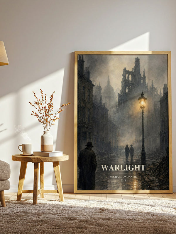 Warlight watercolour print in frame leaning in hallway – literary fiction wall art