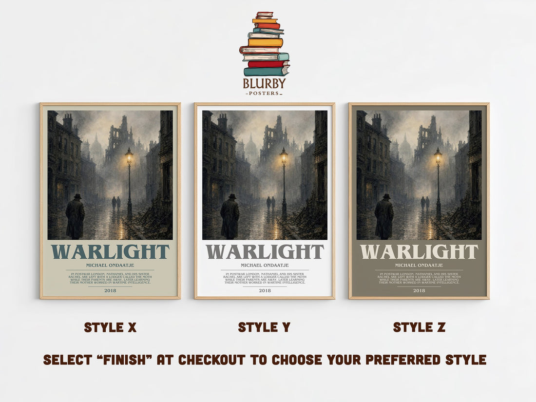 Warlight bookish print in frame leaning in hallway – literary fiction wall art (mockup)